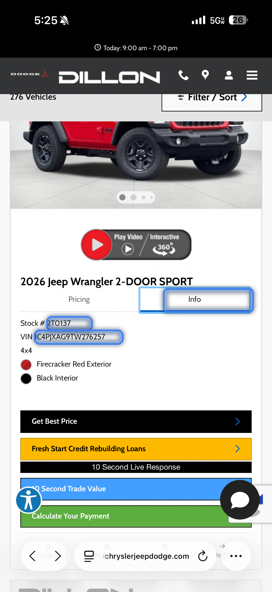 Dennis Dillon vehicle Info page with the Stock number and VIN circled