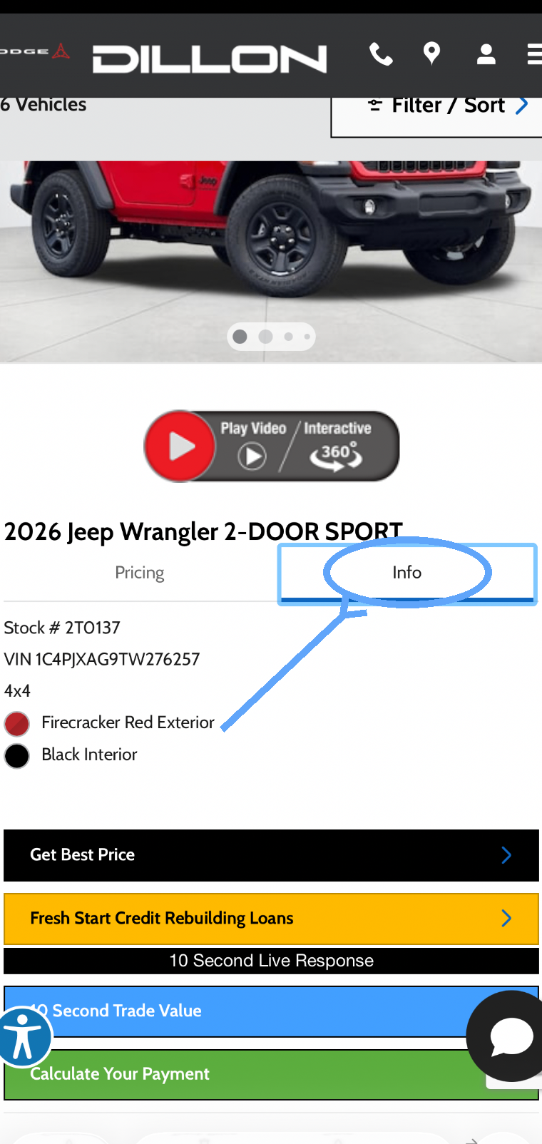 Dennis Dillon dealership vehicle page with the Info tab circled